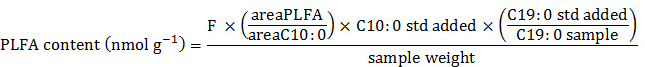 PLFA content formula, equation for analyzing lipid content in a sample, showing calculation method.