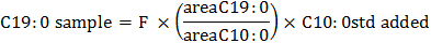 C19:0 sample quantification formula; chemical analysis method involving C10:0 standard.