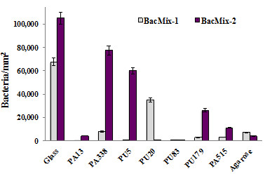 figure-results-5 Bacterial growth comparison bar chart; BacMix-1 and BacMix-2 on various substrates; quantitative analysis.