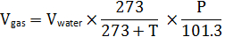 Equation of gas volume correction for temperature and pressure; formula for gas volume measurement.