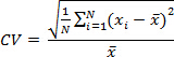 Coefficient of Variation formula; statistical dispersion analysis; mathematical equation.