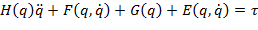 Dynamic equations ΣH(q)ẏ+F(q,ẏ)+G(q)+E(q,ẏ)=τ, mathematical formula, physics analysis.