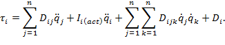 Robotics dynamics equation; torque, inertia; mathematical formula; educational reference.