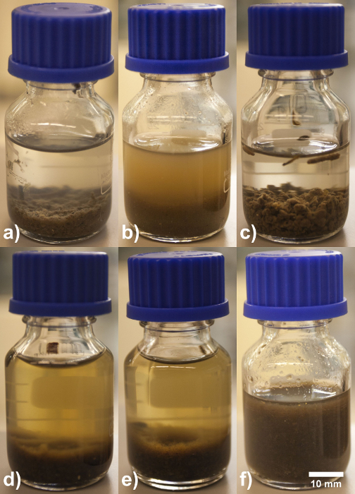 figure-results-1 Sedimentation process experiment; glass vials showing particle settling in liquid over timeframes a–f.