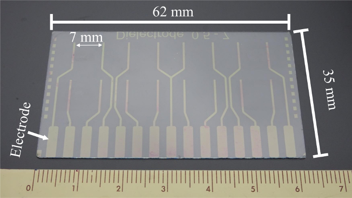 Electrode diagram with dimensions; used for electrical conductivity studies in materials science.