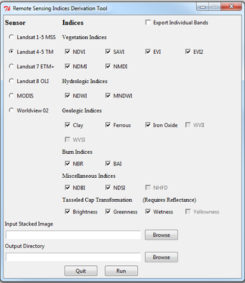 Remote sensing indices derivation tool interface; Landsat sensor selection, vegetation indices.