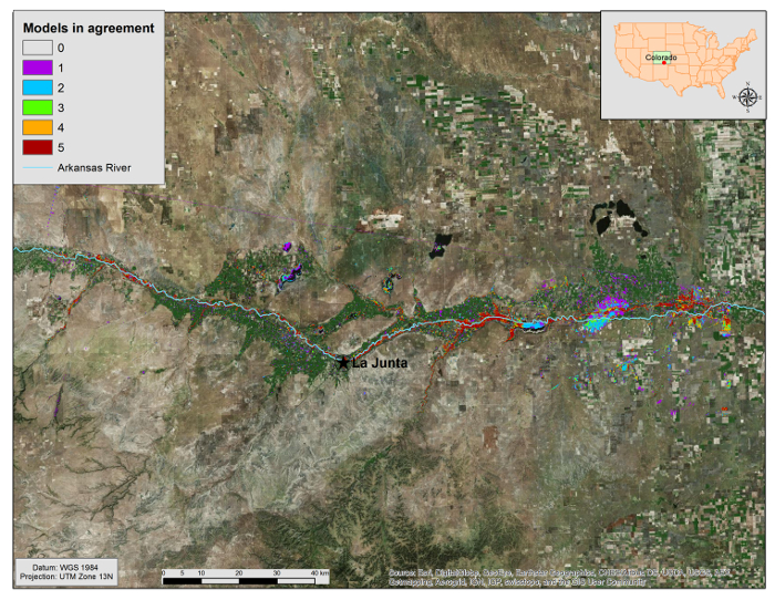 Arkansas River basin model agreement map, showing vegetation analysis near La Junta, Colorado.