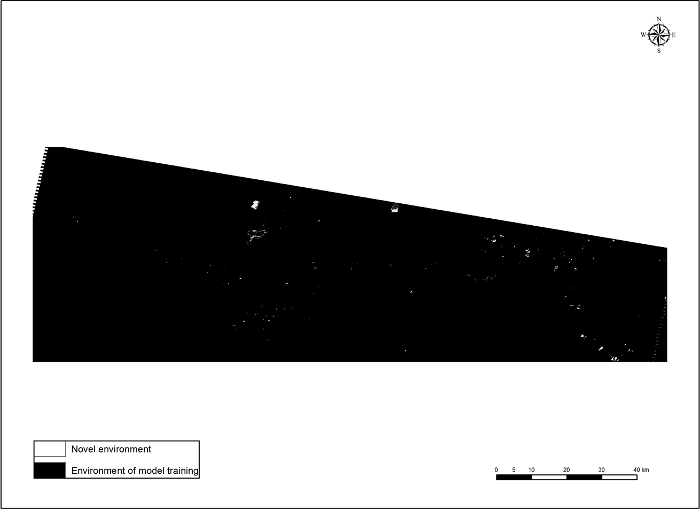 Map diagram showing novel environments vs. model training areas with scale and compass.
