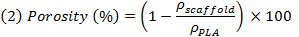 Porosity calculation formula showing scaffold density ratio; educational equation for material science.