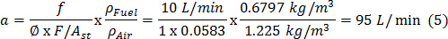 figure-protocol-5 Equation for air-fuel equivalence ratio in combustion; fuel and air density in formula calculation.