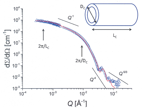 Small-angle scattering graph showing cylinder form factor fit and correlation lengths \( L_C \), \( D_C \).