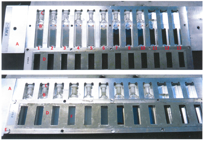Vial arrangement diagram for chemical analysis in spectroscopy setup with labeled slots and containers.