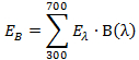 Spectral weighting equation Σ from 300 to 700 nm, diagram for photonic absorption analysis.