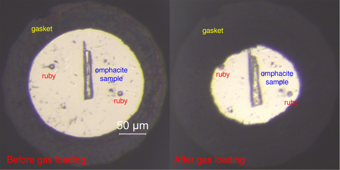 Microscope image of ruby and omphacite sample in a gasket before and after gas loading experiment.