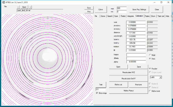 X-ray diffraction pattern with software interface; used for crystal structure analysis and refinement.