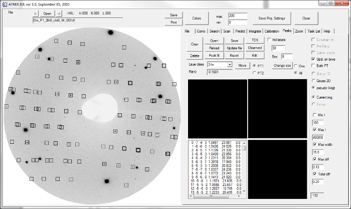 X-ray diffraction pattern analysis, showing circular diffraction spots on software interface, crystallography.