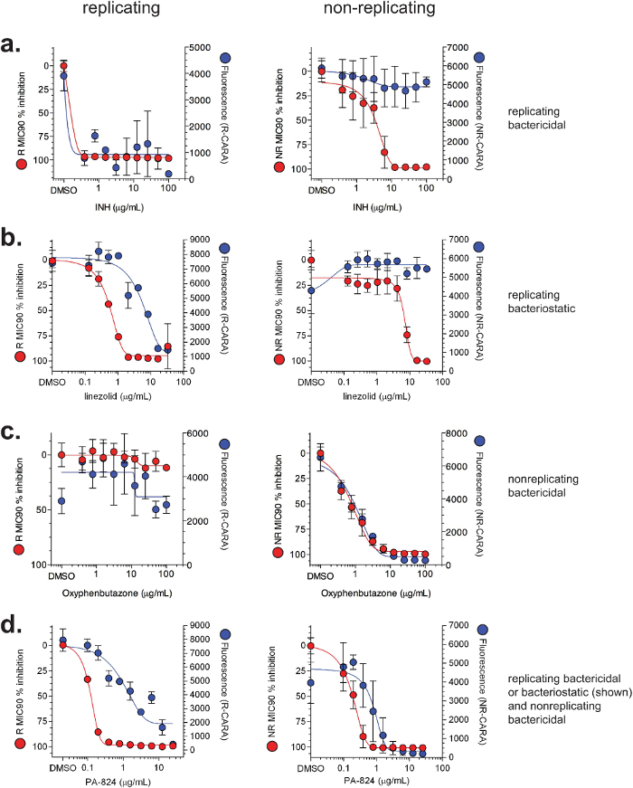Antibacterial activity analysis; dose-response graphs; replicating vs. non-replicating bacteria.