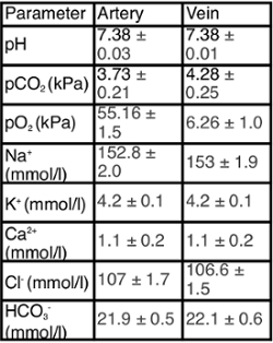 figure-results-5 血气分析表:动脉与静脉参数;pH、pCO₂、pO₂、离子 Na⁺、K⁺、Ca²⁺。