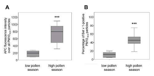 APC fluorescence intensity box plots comparing low vs high pollen season; allergy study results.