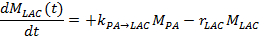 Mathematical formula for reaction kinetics involving mass transfer in a biochemical process.