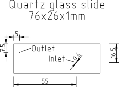 Quartz glass slide diagram; dimensions and inlet/outlet ports for microfluidic setup, 76x26x1mm.