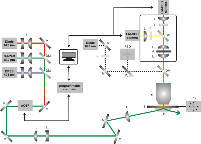 Optical excitation setup with lasers; diagram; EM-CCD camera, spectroscopy, light path visualization.