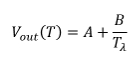 Electronic signal formula, Vout(T)=A+B/Tλ, for thermistor response analysis, equation.