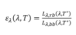 Spectral emissivity equation, ε(λ,T), formula for radiative properties analysis.