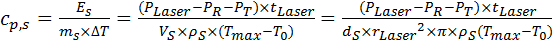 figure-protocol-9 Equation for specific heat capacity \(C_{p,s}\) in laser heating process, involving power, mass, and temperature.