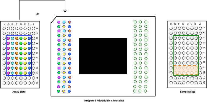 Diagram of integrated microfluidic chip for assay, sample processing, and analysis in experiments.