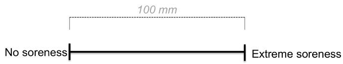 Visual analog scale diagram for soreness measurement, ranging from no soreness to extreme soreness.