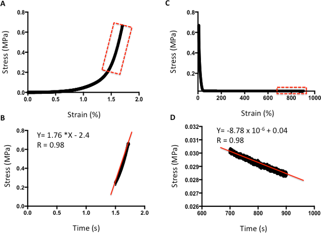 Stress-strain and stress-time graph analysis; equations and regression lines in mechanical study