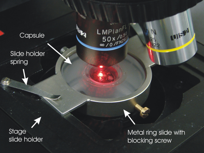 Microscope setup with labeled parts; optics study; stage slide holder; optical excitation shown.