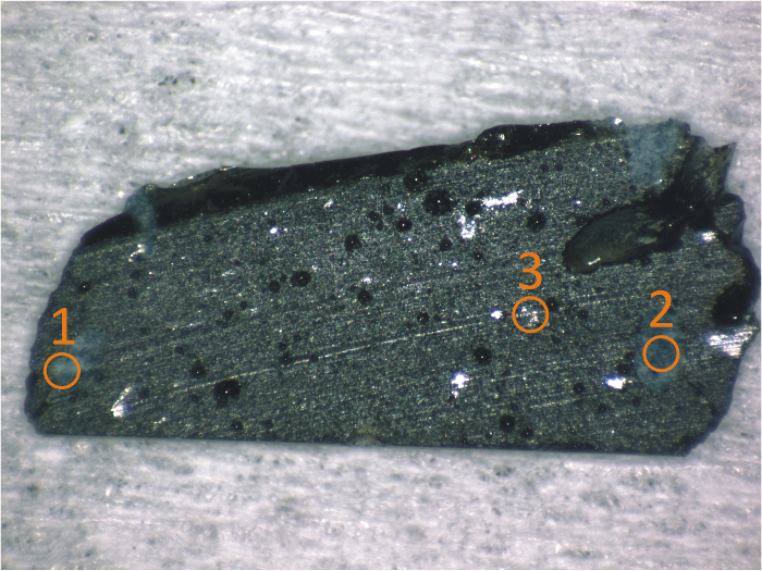 Microscope image of a mineral sample with numbered features, used for geological analysis.