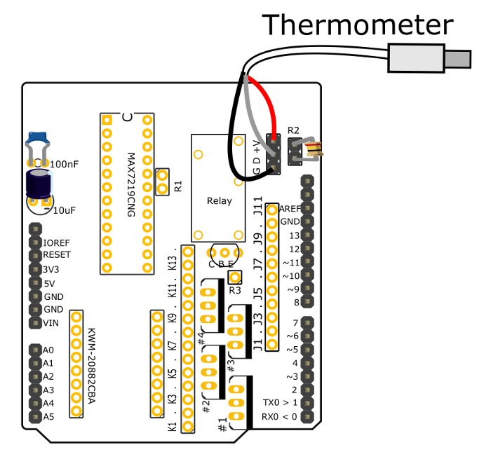 Thermometer circuit diagram on Arduino board; electronic components setup for temperature measurement.