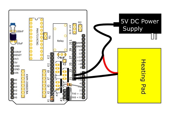 Thermal control circuit diagram, Arduino board setup, 5V power supply to heating pad.
