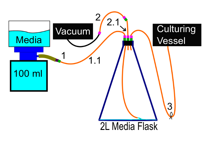 Microbial culturing setup diagram with vacuum, media flask, culturing vessel flow scheme.