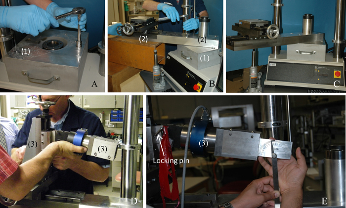 Mechanical testing setup assembly; equipment preparation, alignment, fastening steps; process diagram.