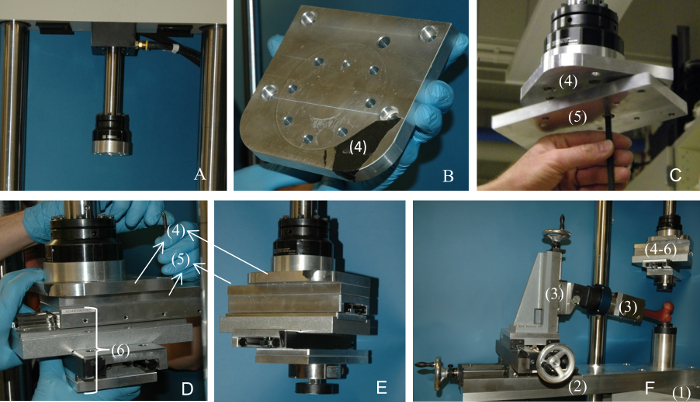 Mechanical testing setup components, including mounting plates and fasteners; engineering design.