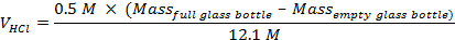 Equation for calculating HCl volume, formula: \(V_{\text{HCl}}\), chemistry analysis, experimental setup.
