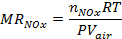 Mole ratio formula MR_NOx=n_NOxRT/PV_air; chemical equation; educational use.