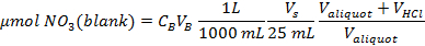 Nitrate concentration equation for blank in chemical analysis.