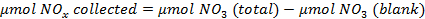 μmol NOx collected formula; chemical analysis; equation; difference of total and blank NO3.