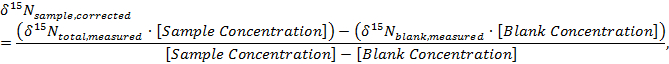 Nitrogen isotope ratio correction formula equation in spectroscopy experiment analysis results.