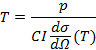 Thermodynamic equation T=p/Cl(dσ/dΩ), process analysis, scientific formula.