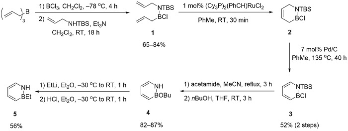 figure-protocol-1 Organic synthesis pathway diagram using NTBS, showing chemical reactions and yields for steps 1-5.
