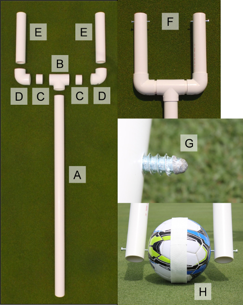 Football goal post assembly diagram with labeled PVC parts and connections.