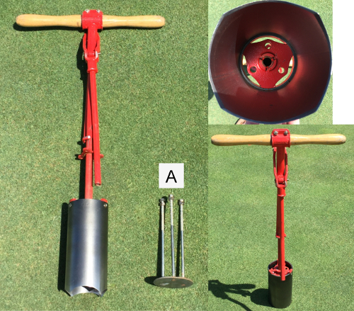 Turfgrass sampling tool diagram with core extractor and handle grip; soil analysis equipment.