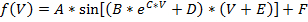 f(V)=A*sin([B*e^(C*V)+D]*(V+E))+F equation, illustrating mathematical function analysis