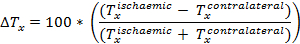 Thermal gradient formula; ΔTx equation for ischemic vs. contralateral temperature analysis.